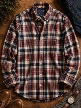 Reed Edward Men's Plaid Button Down Shirt Medium Red Blue 100% Cotton Washed Shi